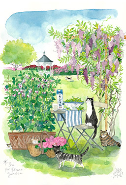 In the flower garden.