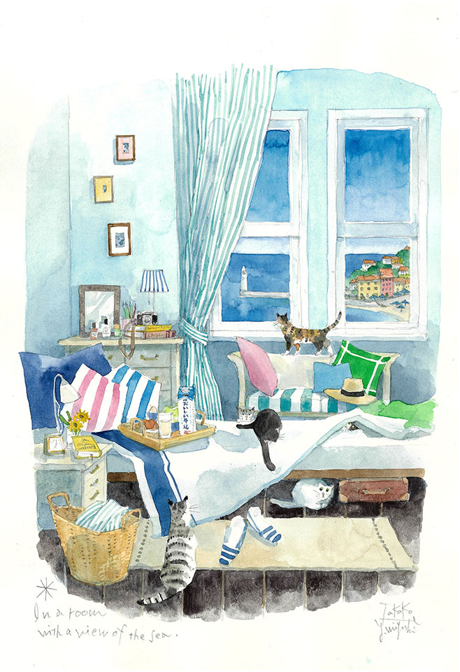 今月のイラスト画像 In a room with a view of the sea.